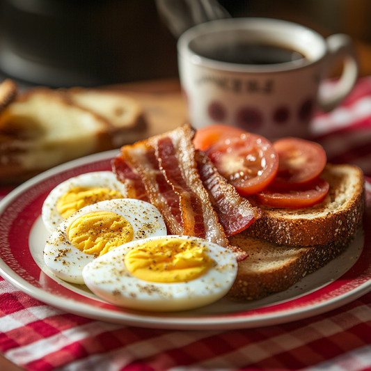 Classic Breakfast Plate: Hard-Boiled Eggs, Sliced Tomatoes, Bacon & Whole Wheat Toast