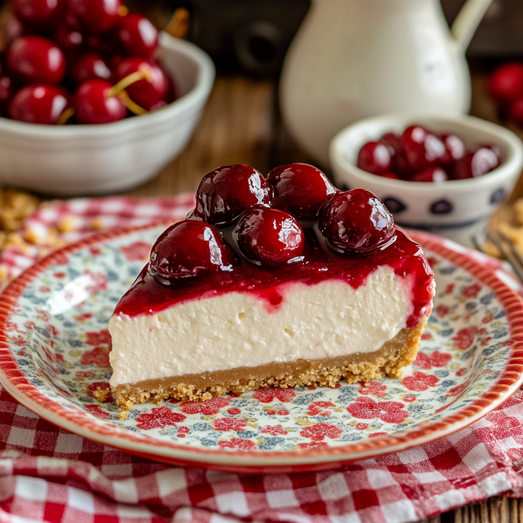No-Bake Cherry Cheesecake with Fresh Cherry Sauce