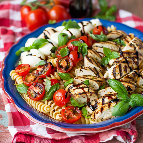 Grilled Chicken Caprese Pasta Salad with Fresh Mozzarella and Balsamic Glaze