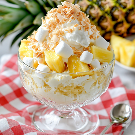 Pineapple Coconut Fluff with Homemade Coconut Pudding and Real Whipping Cream