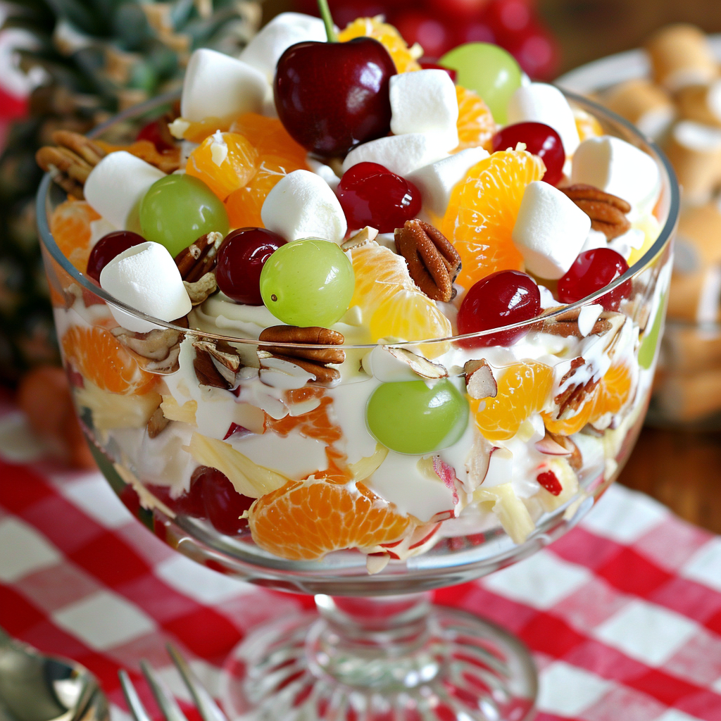 Natural Ambrosia Dessert With Fruits and Whipped Cream