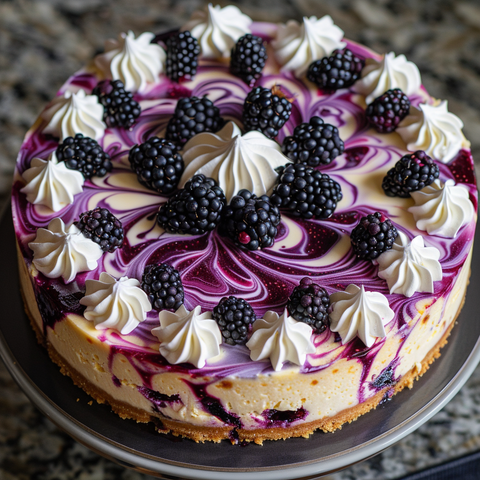 No-Bake Blackberry Swirl Cheesecake with Fresh Whipped Cream