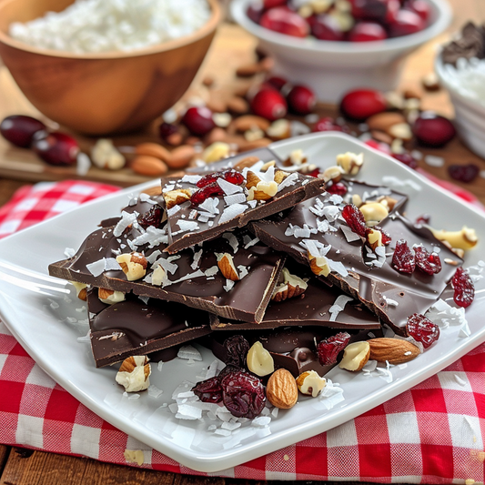 Dark Chocolate Bark with Dried Cranberries, Hazelnuts, and Shredded Coconut