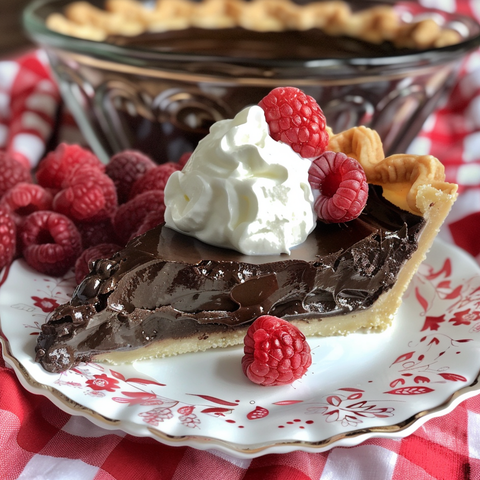 Decadent Dark Fudge Pie with Whipped Cream and Raspberries - A Special Occasion Dessert