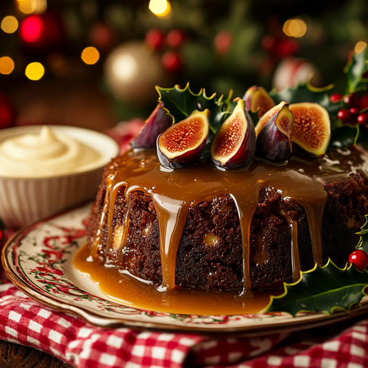 Modern Figgy Pudding with Caramel Sauce and Custard