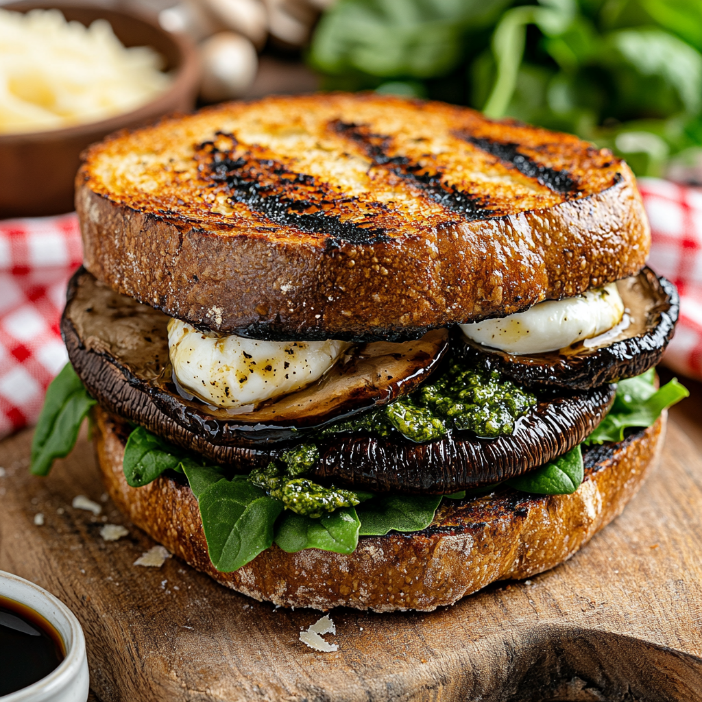Grilled Portobello Mushroom Sandwich with Pesto and Mozzarella Cheese