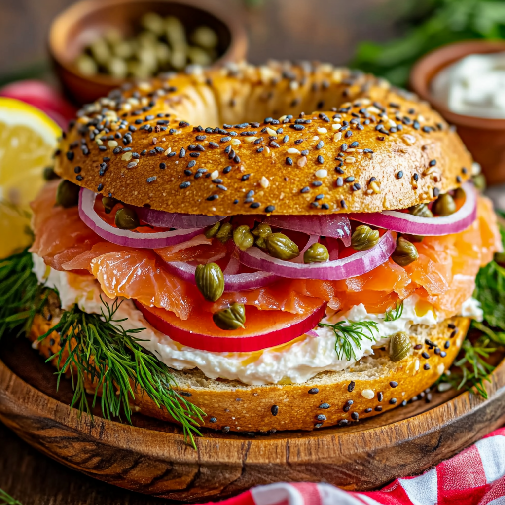 Smoked Salmon Bagel with Cream Cheese, Red Onion, and Capers