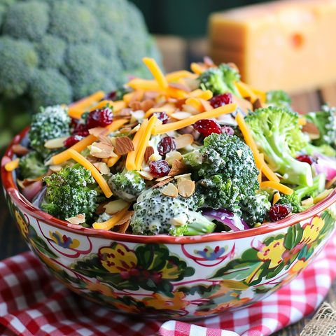 Healthy Broccoli Salad with Cranberries, Almonds, and Cheddar Cheese