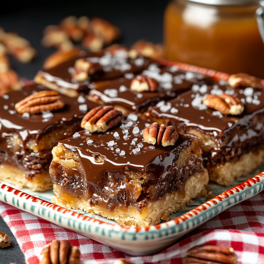 Salted Caramel Pecan Squares with Full Chocolate Drizzle