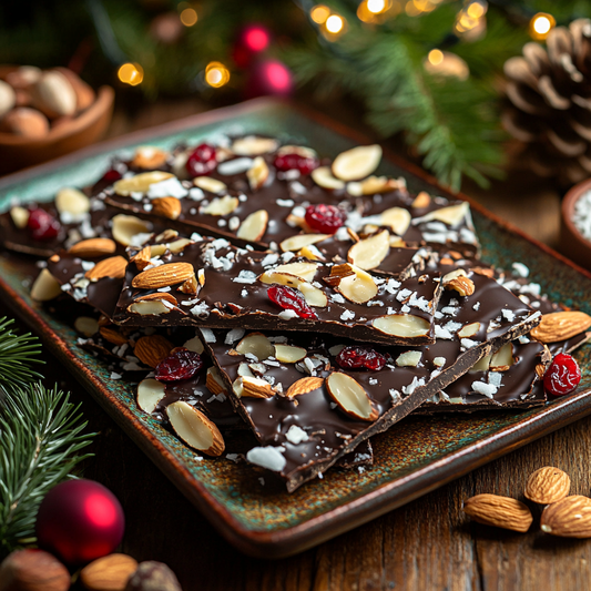 Dark Chocolate Almond Bark with Cranberries and Coconut