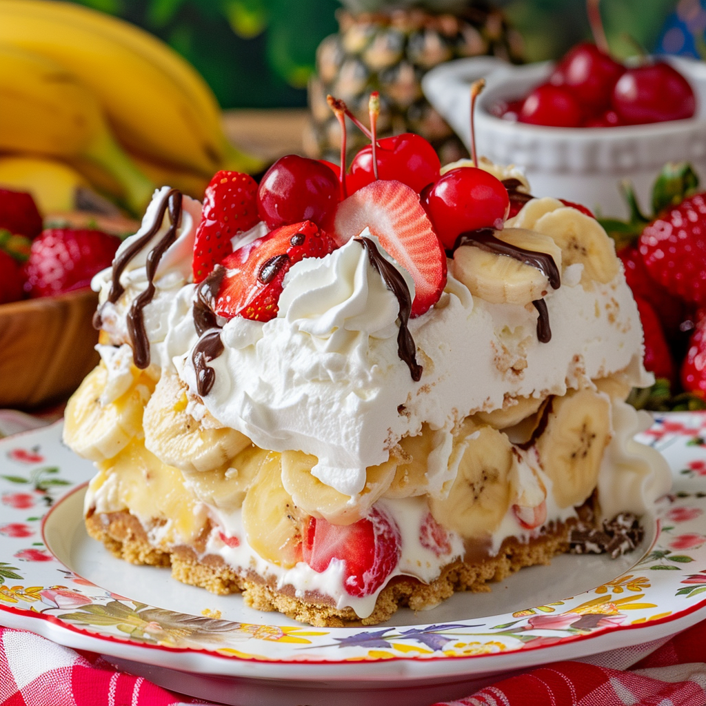 No-Bake Banana Split Cake with Fresh Fruit and Cream Cheese