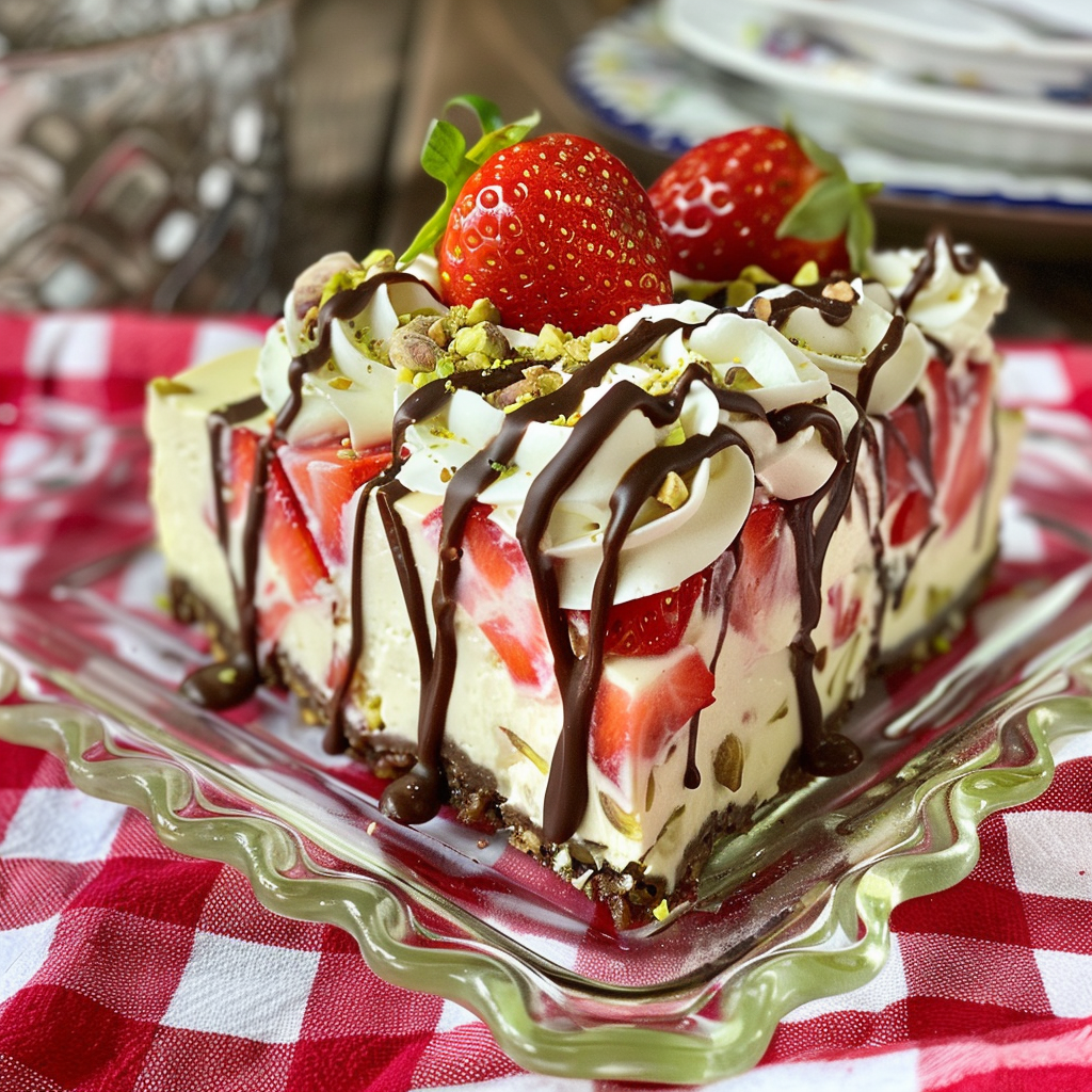 Creamy No-Bake Pistachio Strawberry Cheesecake – Easy and Indulgent