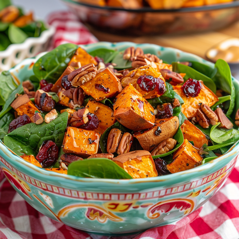 Hearty and Colorful Gluten-Free Sweet Potato and Spinach Salad with Maple-Dijon Dressing