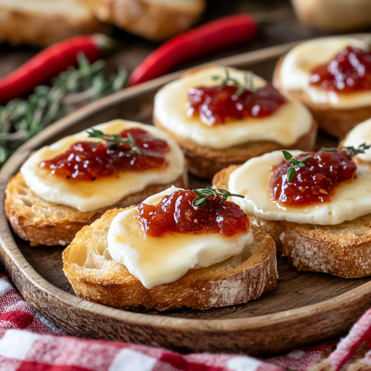 Toasted Melted Brie Crostini with Sweet Chili Sauce