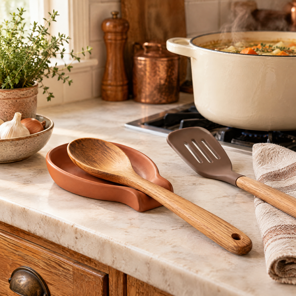 Cooking utensils and a spoon rest beside a cream pot in a cozy kitchen