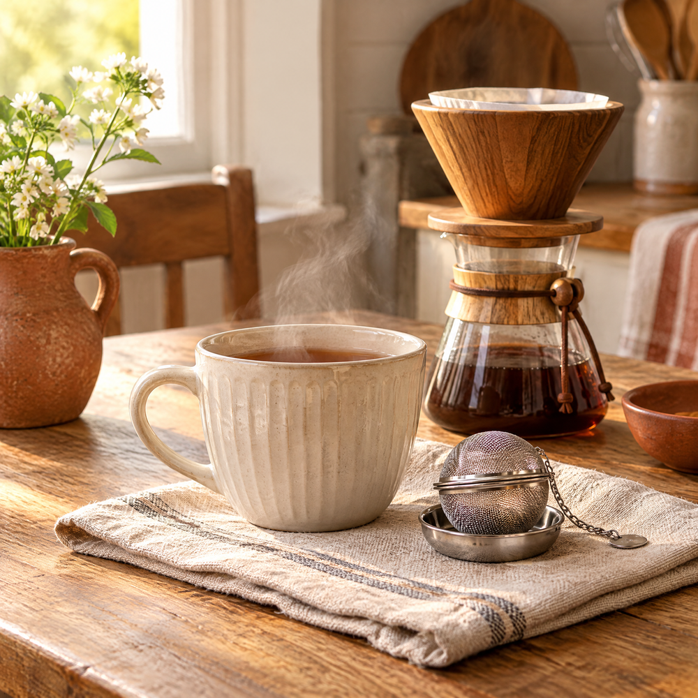 Tea infuser, cream cup and manual coffee dripper in warm morning light
