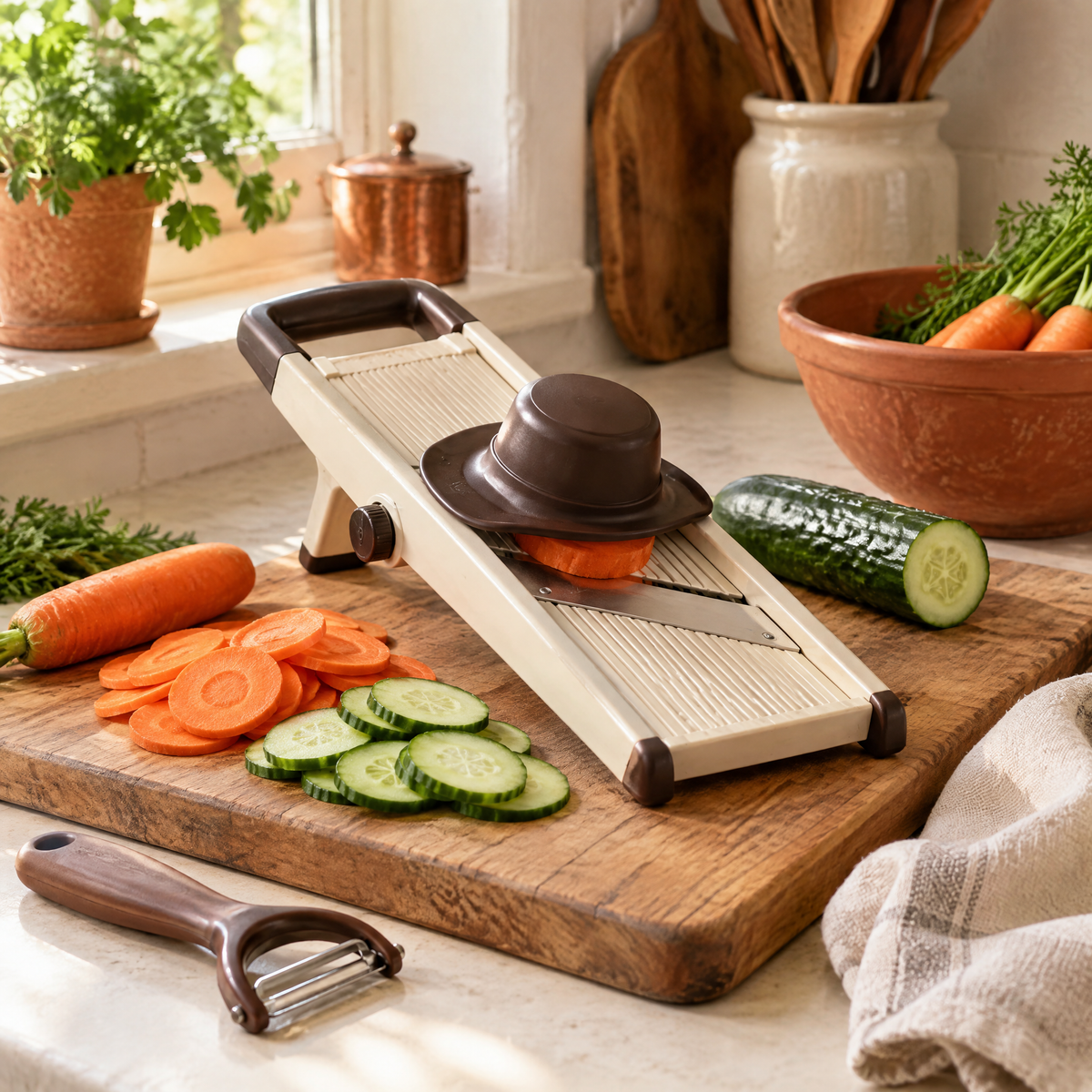 Vegetable preparation tools and fresh ingredients on a warm wooden board