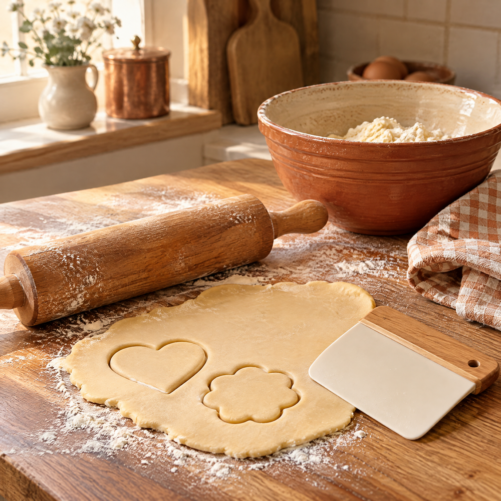 Rolling pin, pastry tools and cookie dough on a warm cream baking counter