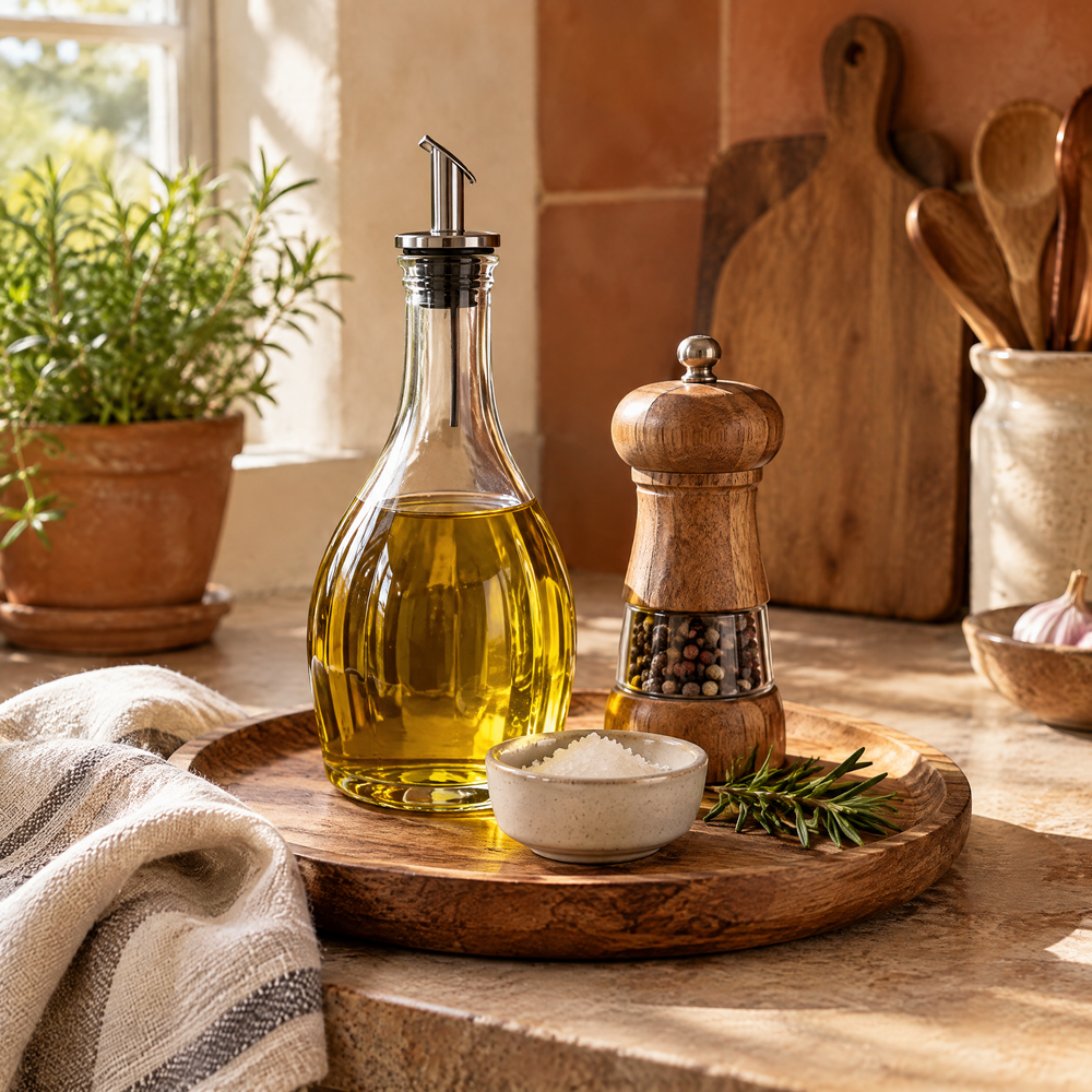 Oil dispenser, spice mill and rosemary on a small wooden kitchen tray