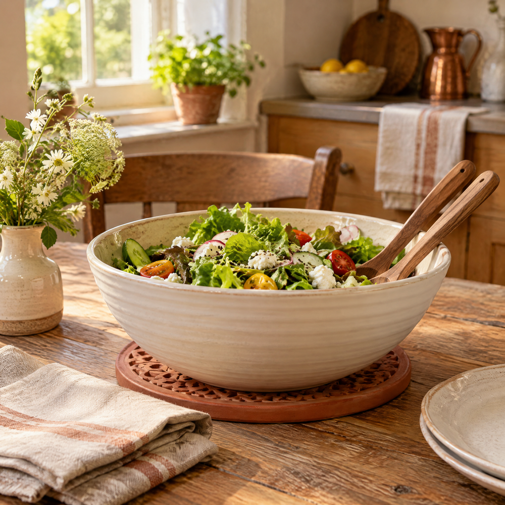 Wooden serving utensils and cream tableware ready for a relaxed shared meal