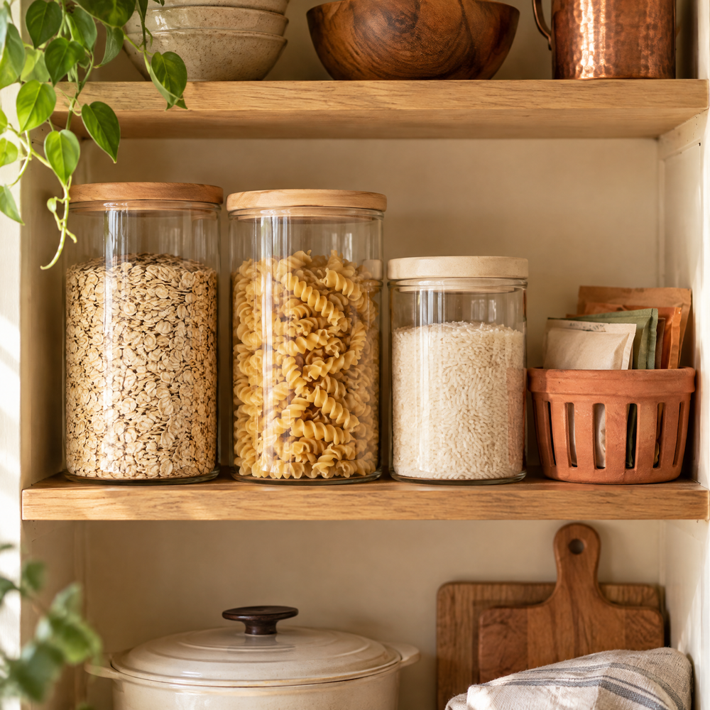 Neatly arranged dry-food containers and a small basket on an oak pantry shelf