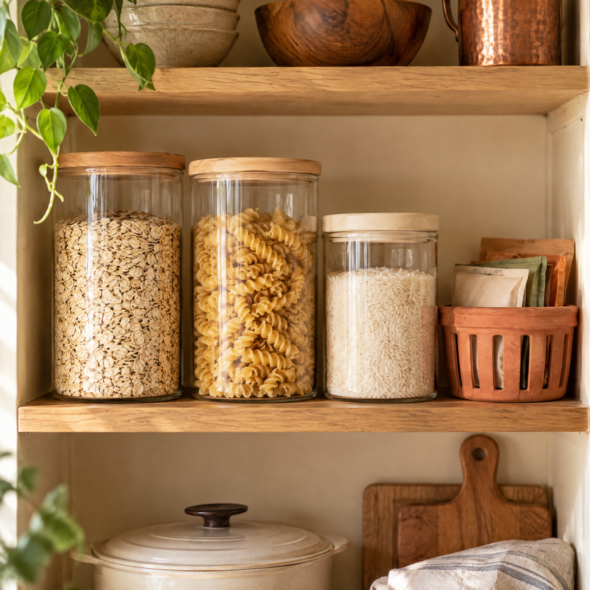Neatly arranged dry-food containers and a small basket on an oak pantry shelf