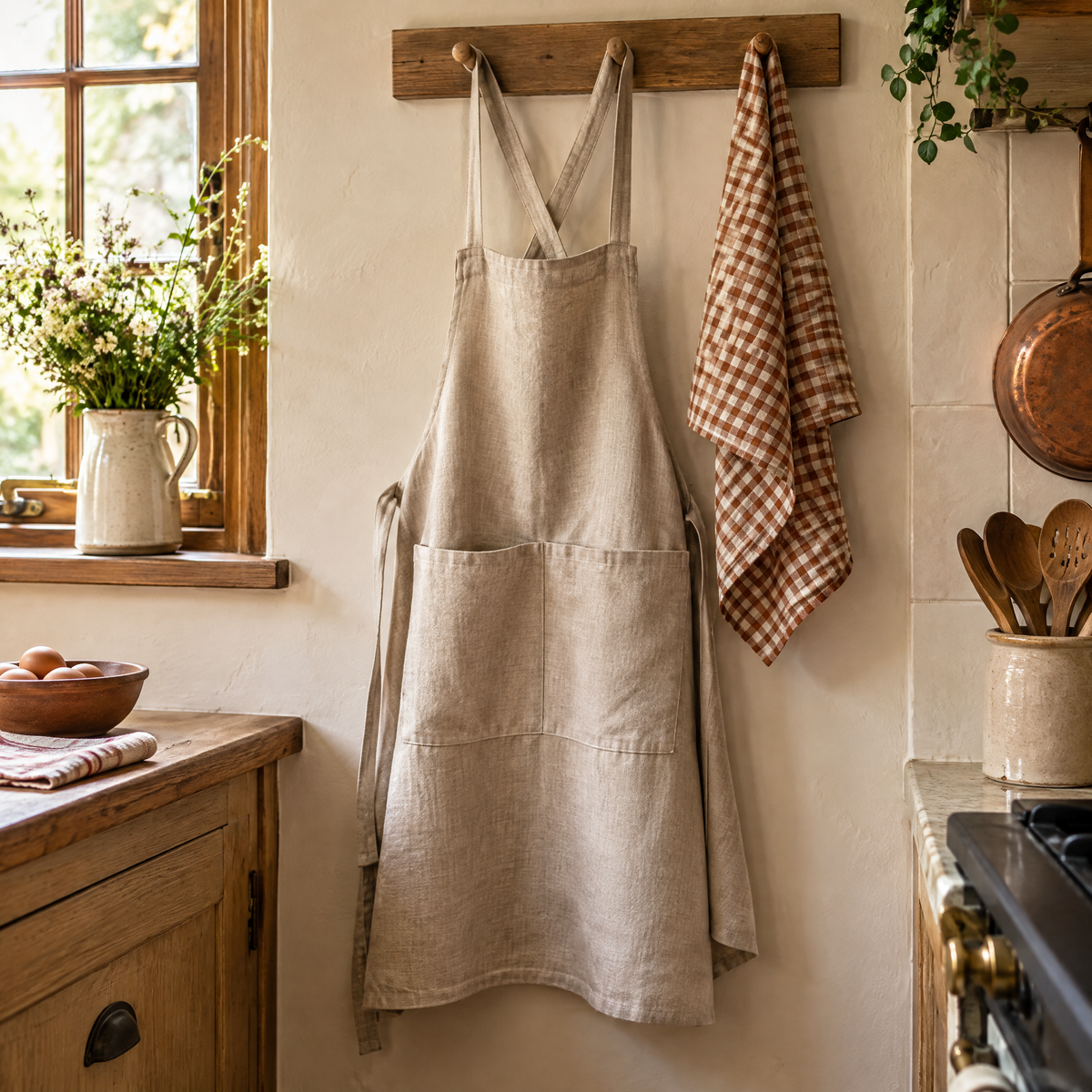 Oatmeal apron and cinnamon gingham kitchen towel on a simple oak peg