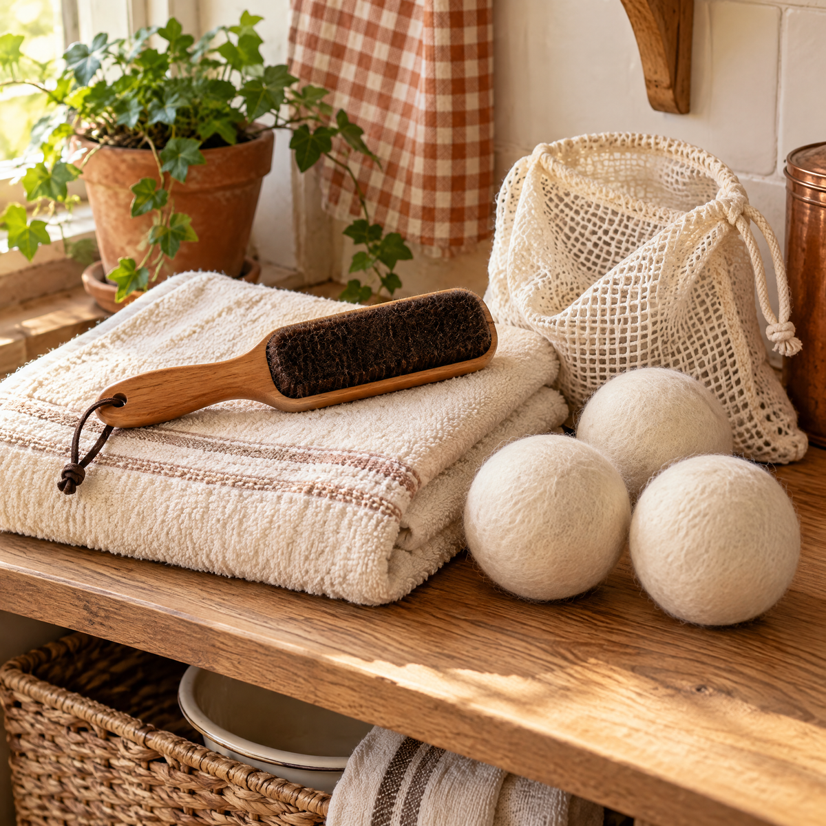 Lint brush, dryer balls and folded cotton fabric on an oak utility shelf