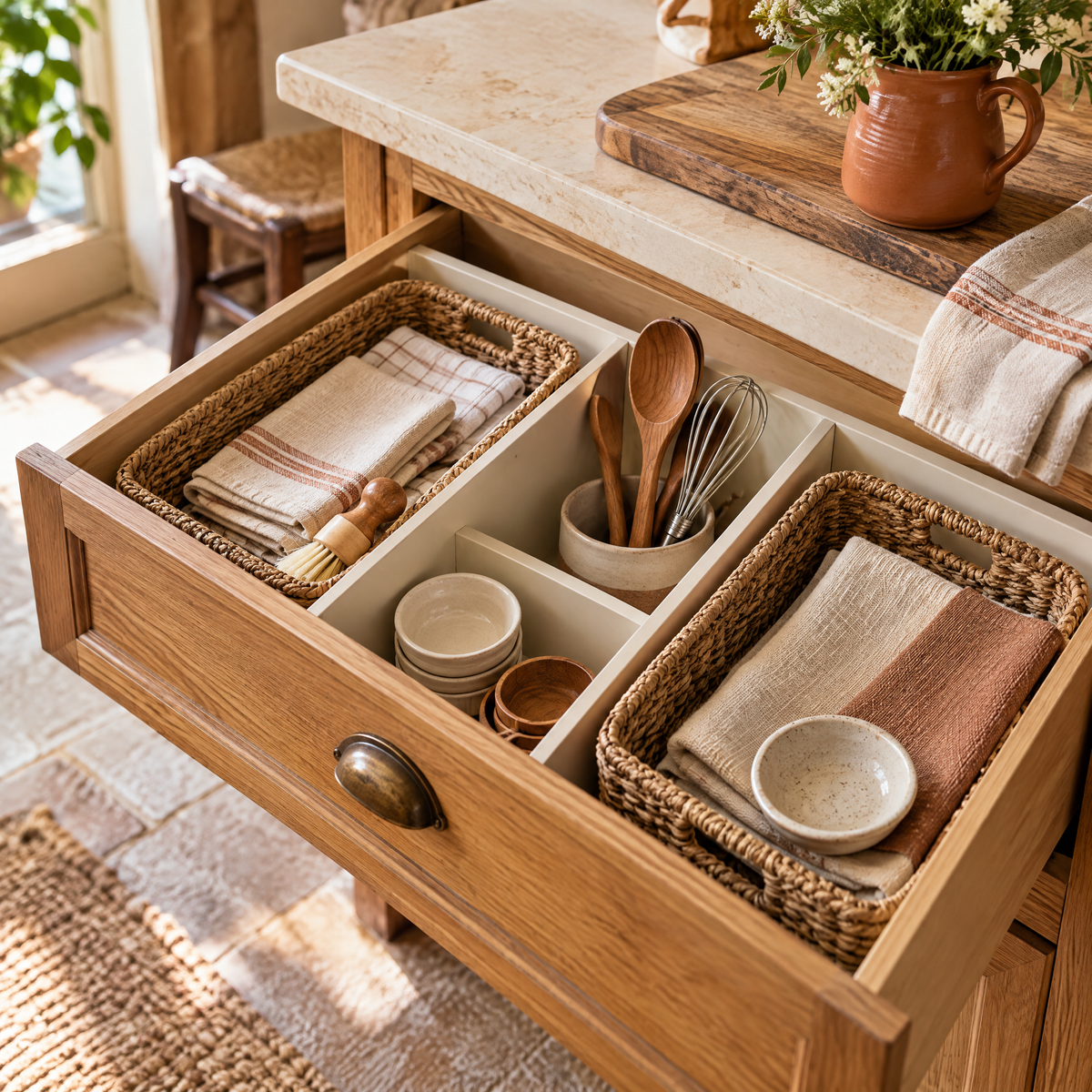Cream drawer dividers and natural baskets organizing a warm wooden cupboard