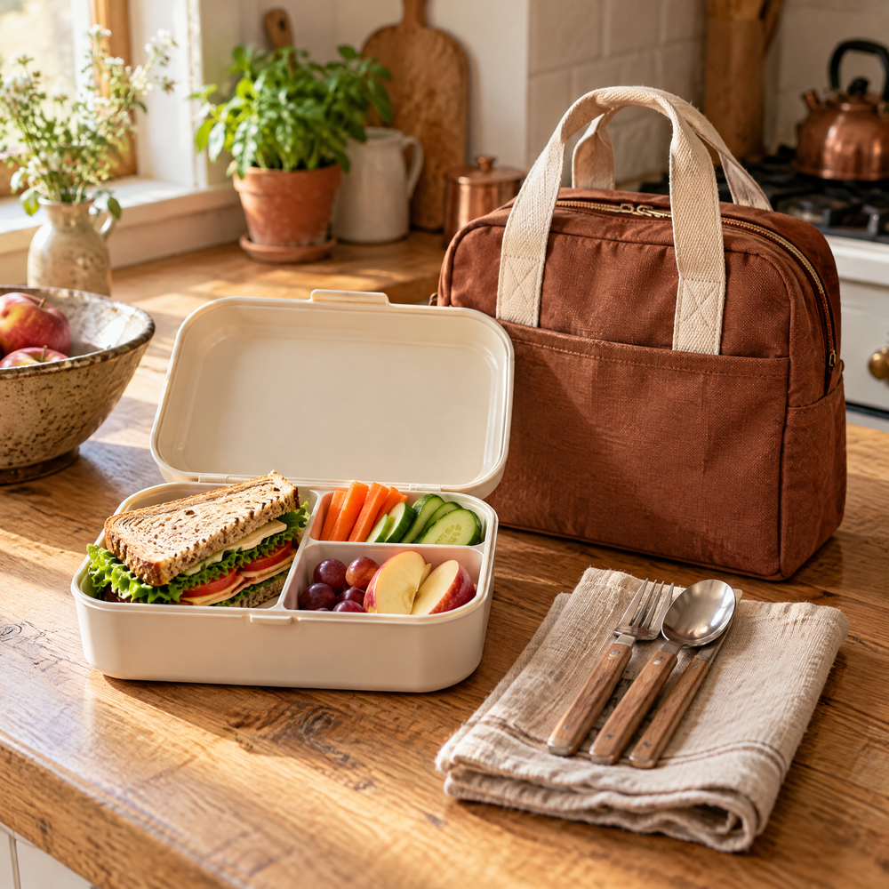 Packed lunch container, canvas lunch bag and reusable cutlery on an oak bench