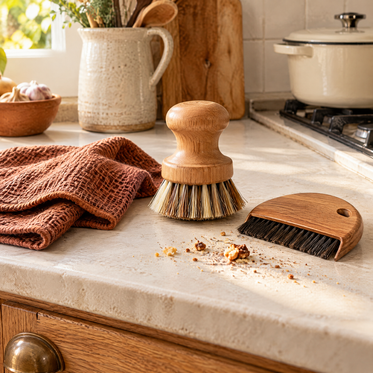 Kitchen cleaning brush, cloth and crumb tool on a cream worktop