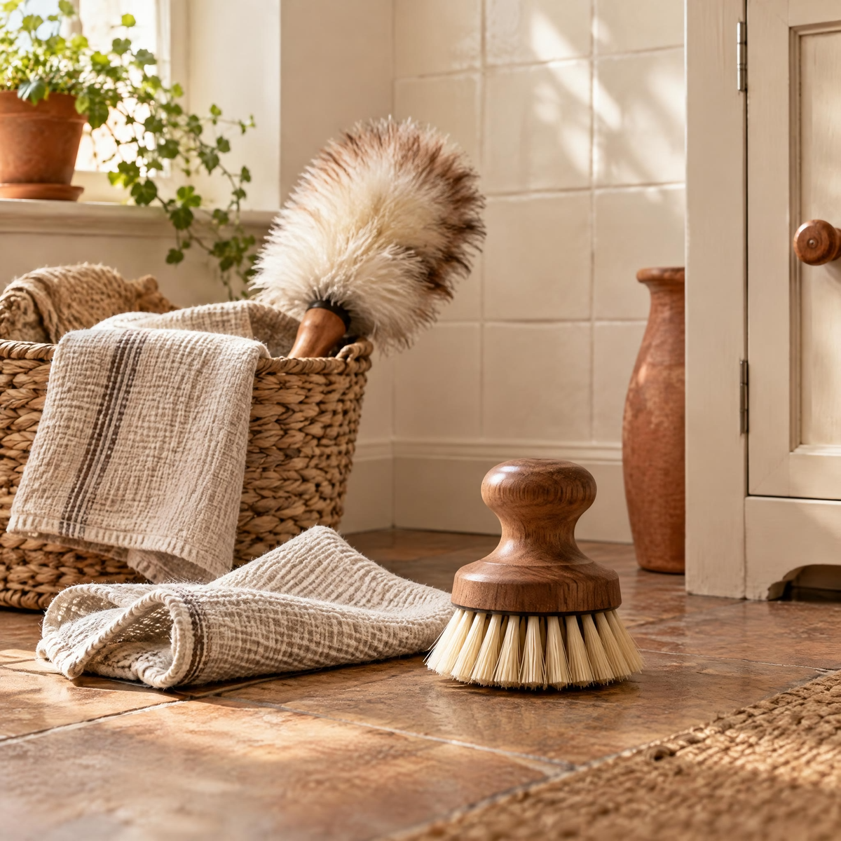 Home cleaning tools and folded cloth in a warm cottage utility corner