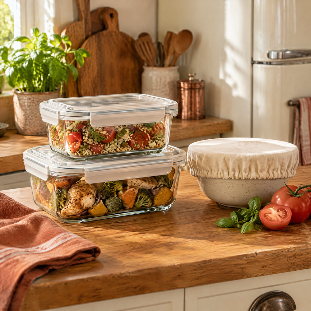 Lidded food containers, reusable bowl cover and fresh ingredients on a kitchen counter