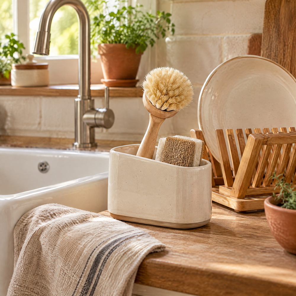 Dish brush, sink caddy and small drying rack beside a cream kitchen sink