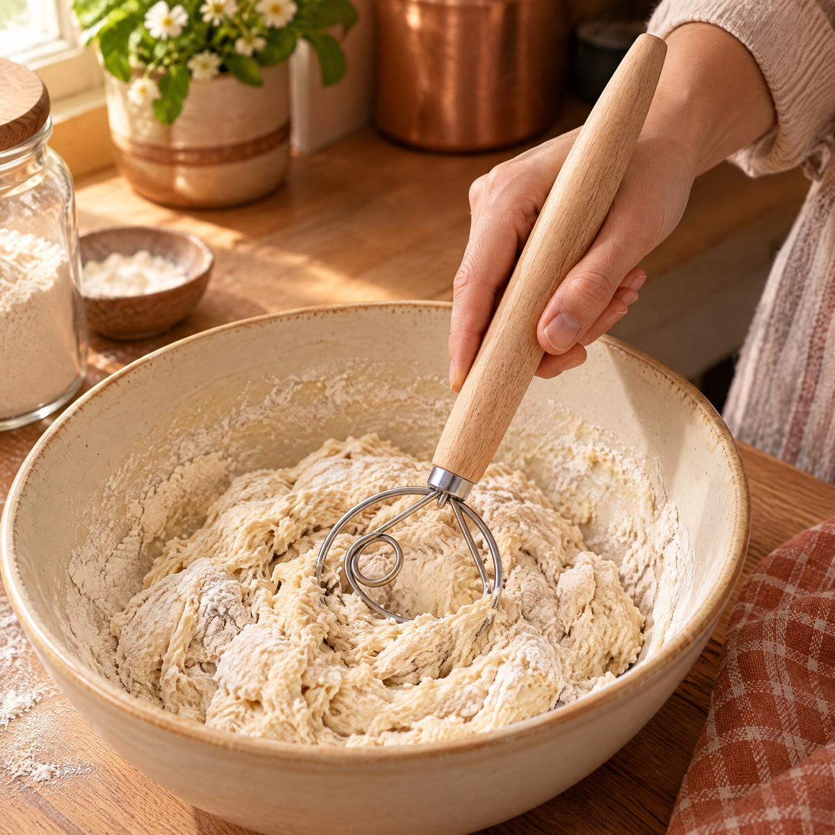 Sunday use: hand guiding the whisk head through shaggy dough inside a bowl