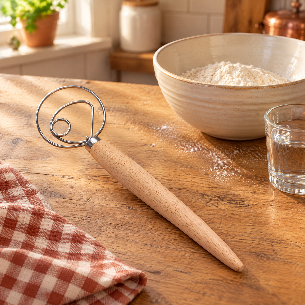 Sunday story: exact single-loop whisk beside flour and water in a cozy kitchen