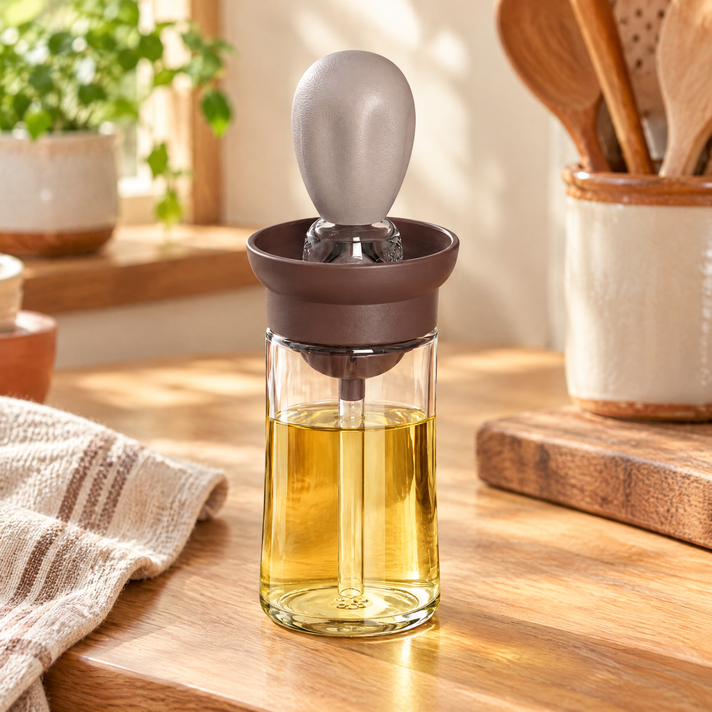 Baste Coffee Oil Brush Bottle hero: Baste Coffee Oil Brush Bottle: complete Coffee bottle and stored brush