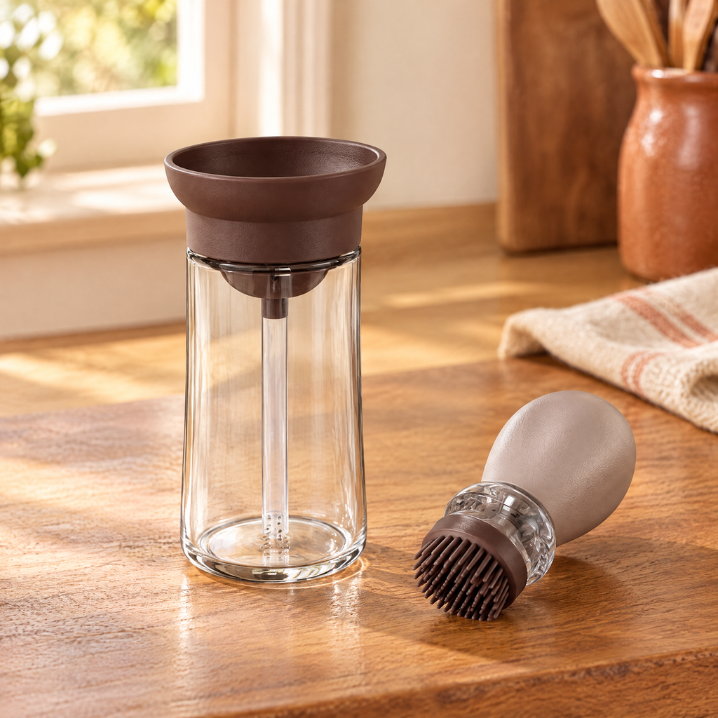 Baste Coffee Oil Brush Bottle story: Baste Coffee Oil Brush Bottle: a little oil before the cooking step