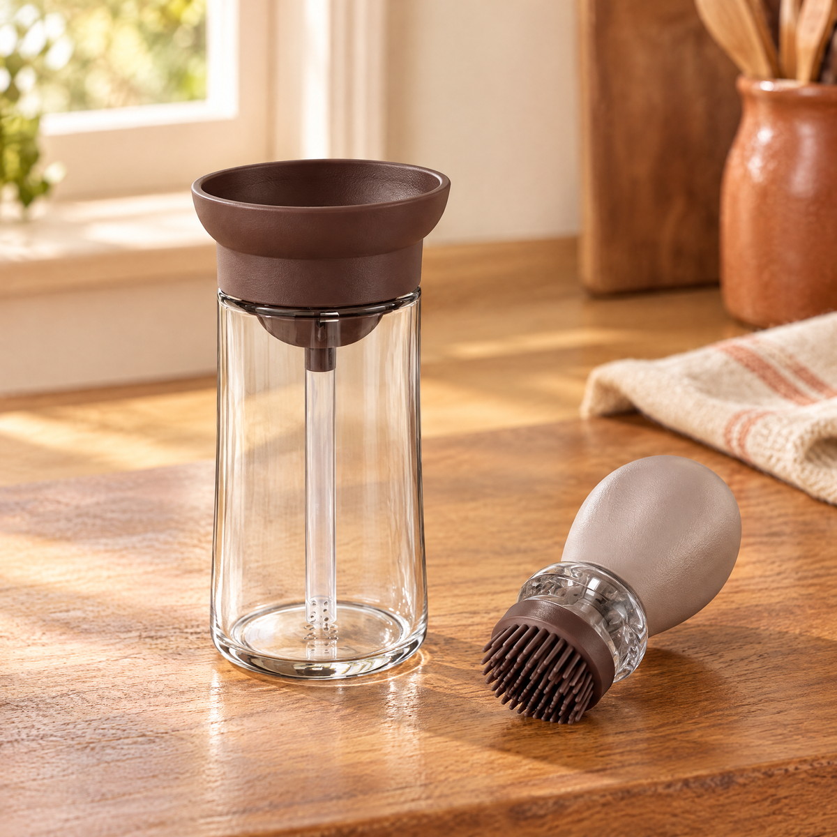 Baste Coffee Oil Brush Bottle story: Baste Coffee Oil Brush Bottle: a little oil before the cooking step