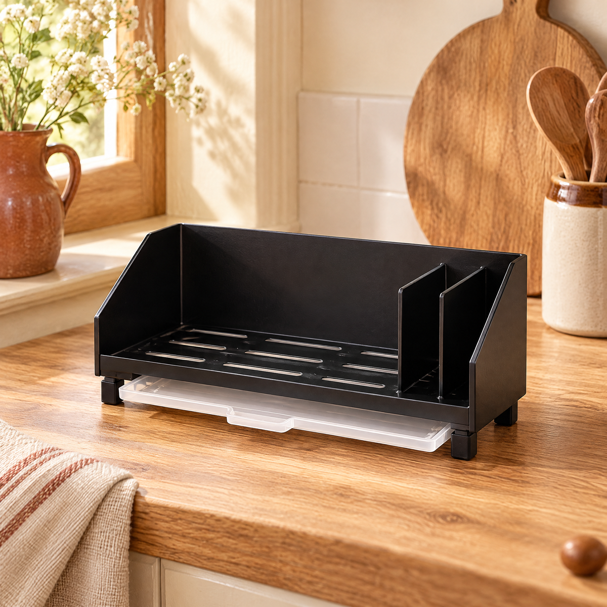 The complete Beside caddy with removable pale tray partly pulled out