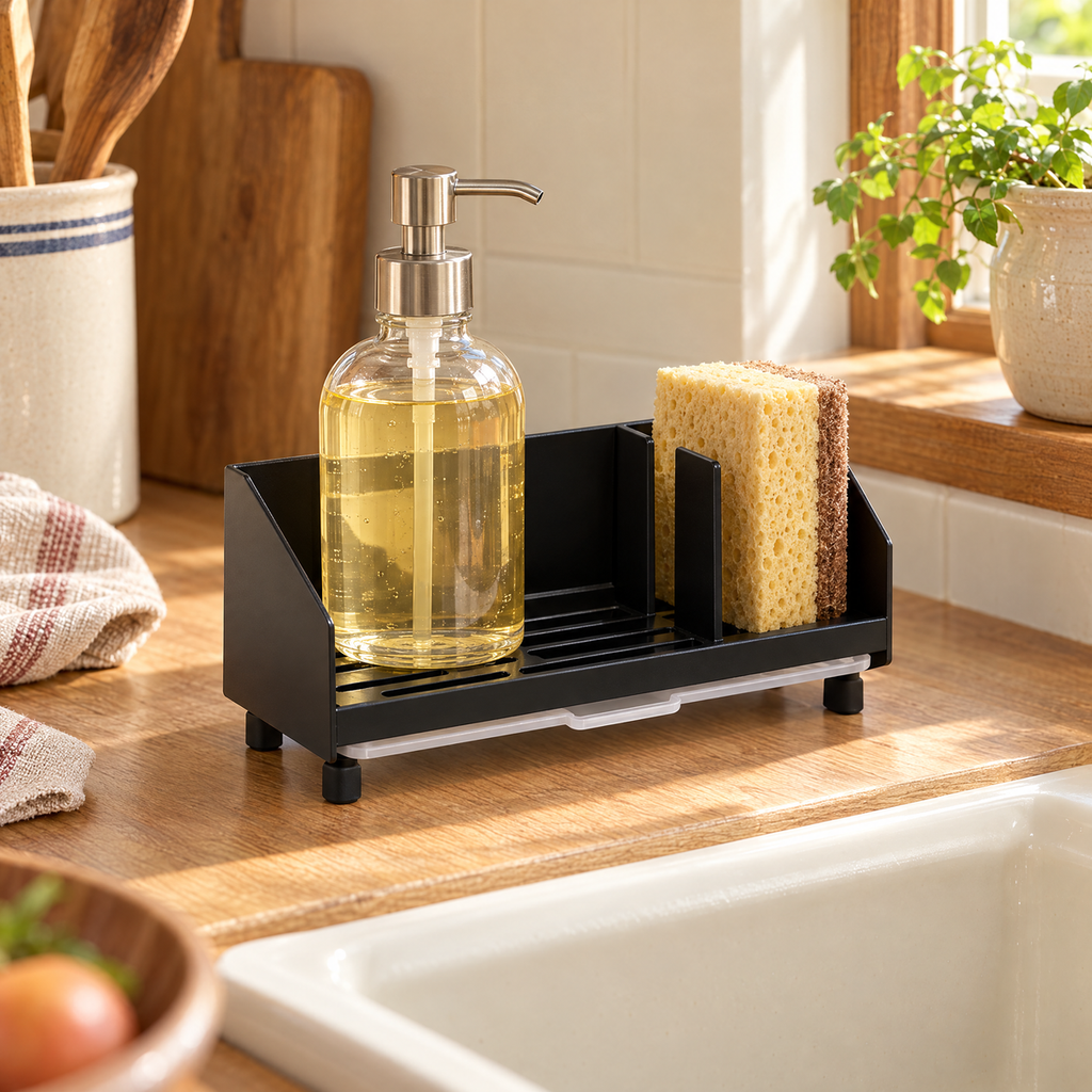 Beside Sink Caddy story: Beside caddy holding example soap and sponge near the sink