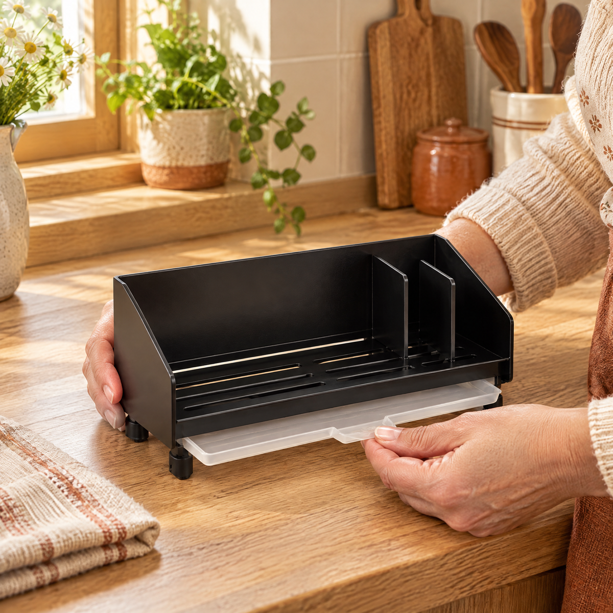 Beside Sink Caddy use: Two hands gently pulling the Beside drip tray while steadying the caddy