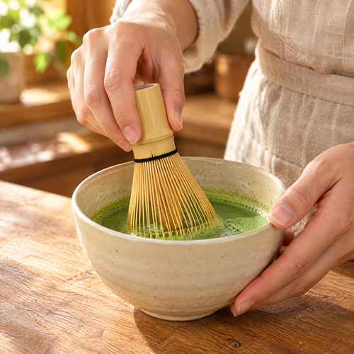 Bloom Bamboo Matcha Whisk use: Bloom Bamboo Matcha Whisk: gentle hand whisking in a separate bowl