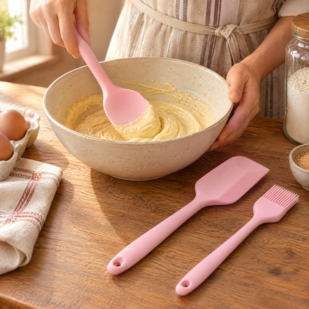 Blush Silicone Kitchen Trio use: Blush Silicone Kitchen Trio: a hand-led mixing step