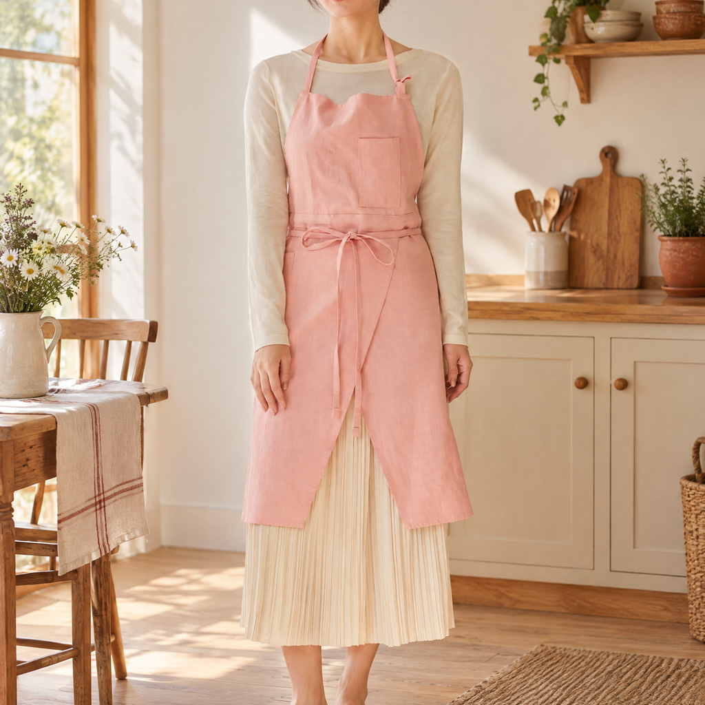 Blush Wrap Apron hero: Blush’s complete pink wrap front and tied bow