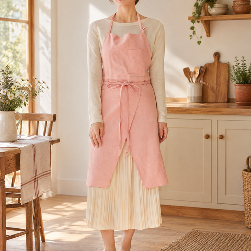 Blush Wrap Apron hero: Blush’s complete pink wrap front and tied bow