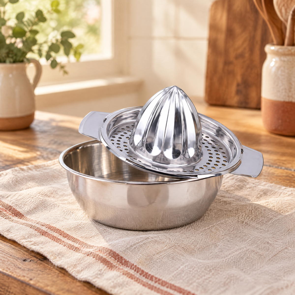 Bright Stainless Citrus Juicer: reamer, perforations and collecting bowl