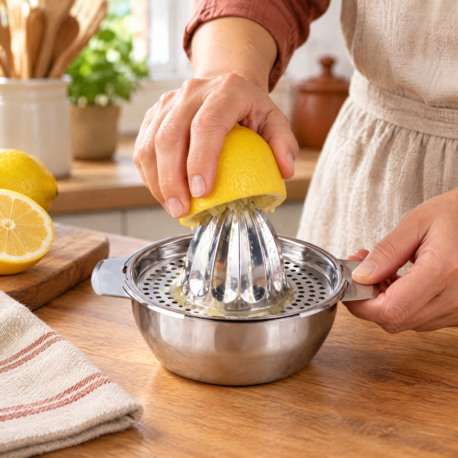 Bright Stainless Citrus Juicer: guide a controlled turn