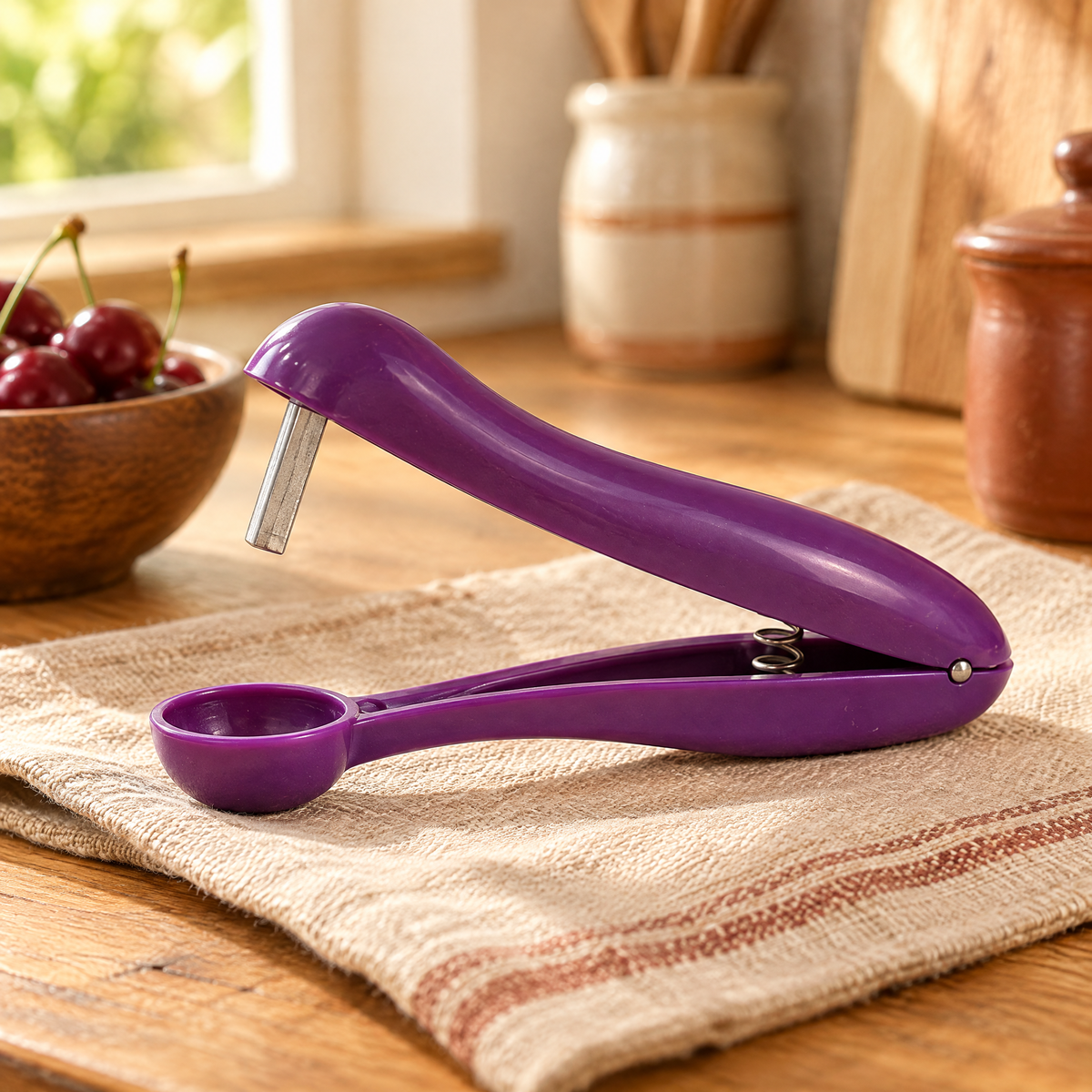 Cherry Purple Hand Pitter detail: Cherry Purple Hand Pitter: real cup and aligned punch