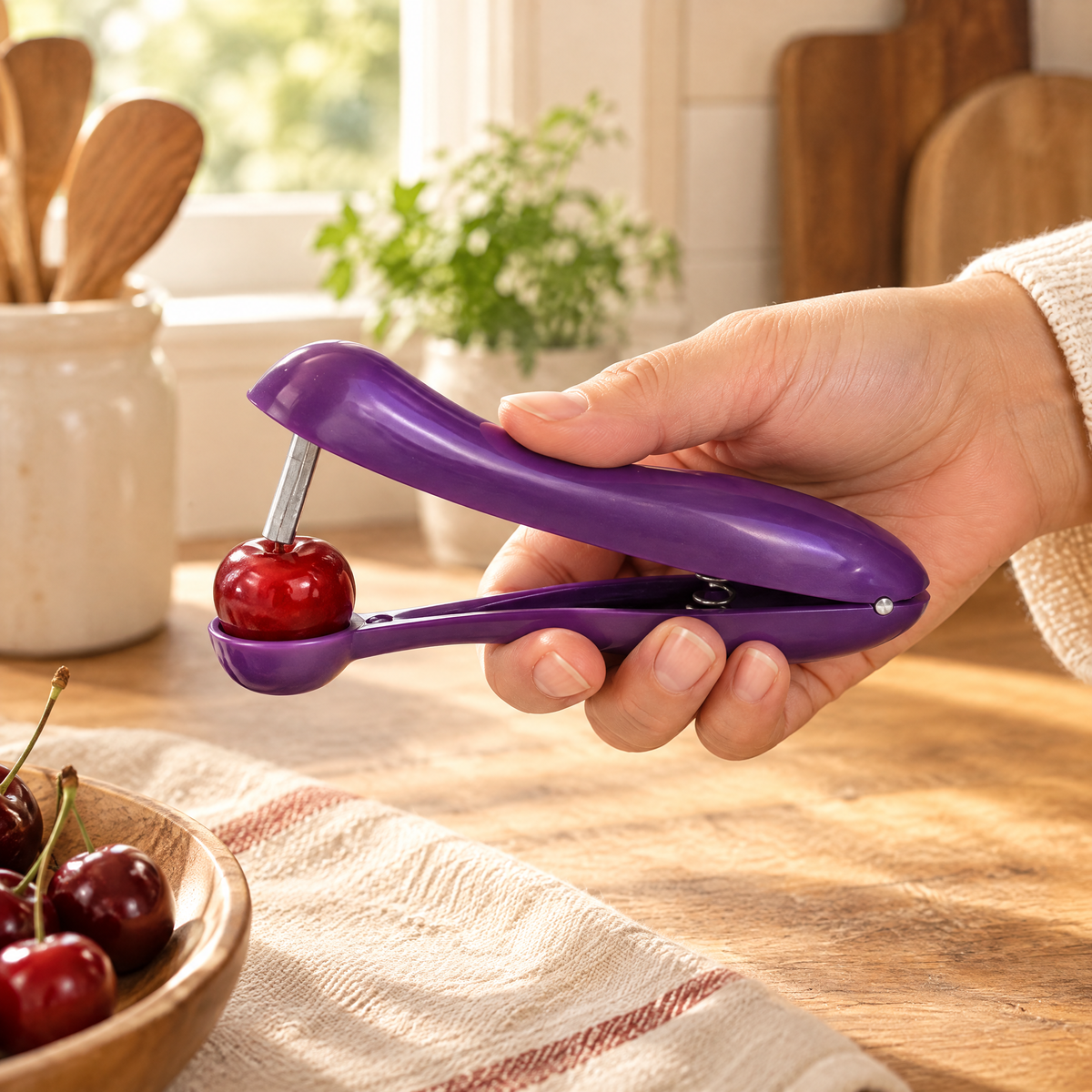 Cherry Purple Hand Pitter use: Cherry Purple Hand Pitter: a considered single-fruit squeeze